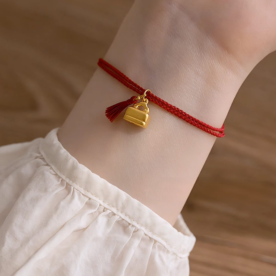 24k Pure 999 Gold Lucky Charm With Chinese"Cherish blessings" Red Rope Bracelet