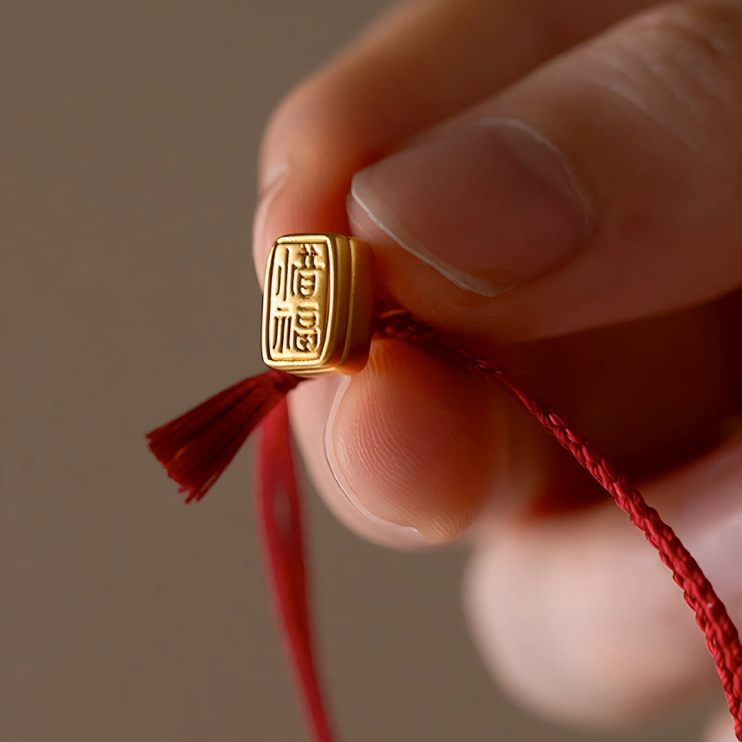 24k Pure 999 Gold Lucky Charm With Chinese"Cherish blessings" Red Rope Bracelet