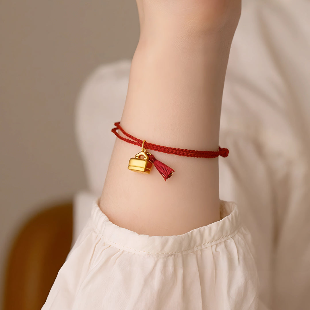 24k Pure 999 Gold Lucky Charm With Chinese"Cherish blessings" Red Rope Bracelet
