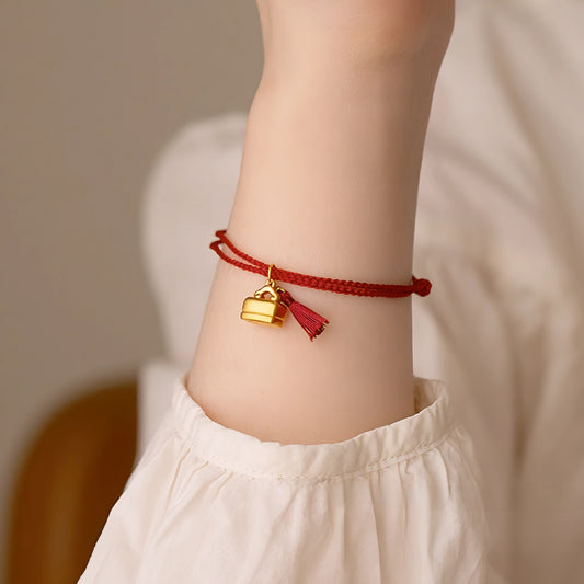 24k Pure 999 Gold Lucky Charm With Chinese"Cherish blessings" Red Rope Bracelet