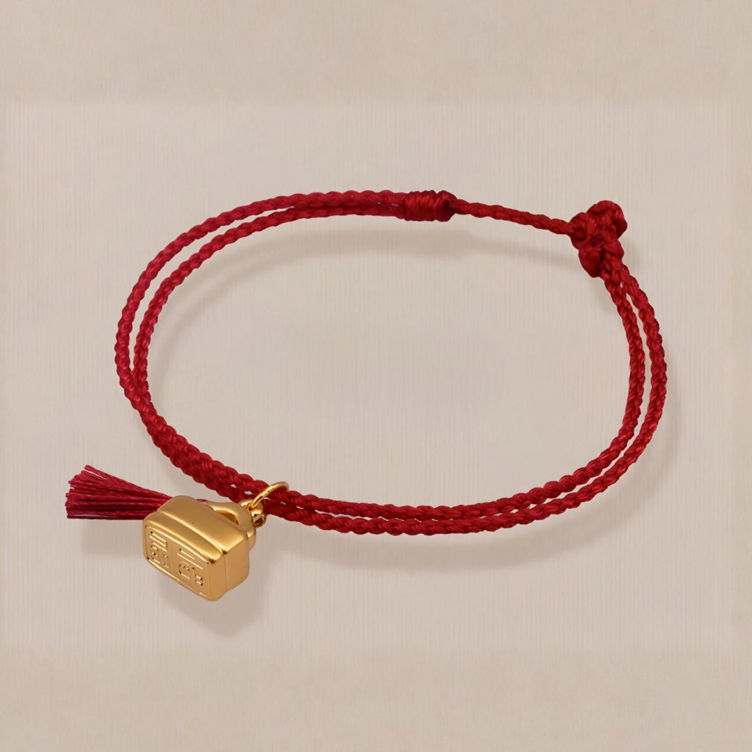 24k Pure 999 Gold Lucky Charm With Chinese"Cherish blessings" Red Rope Bracelet