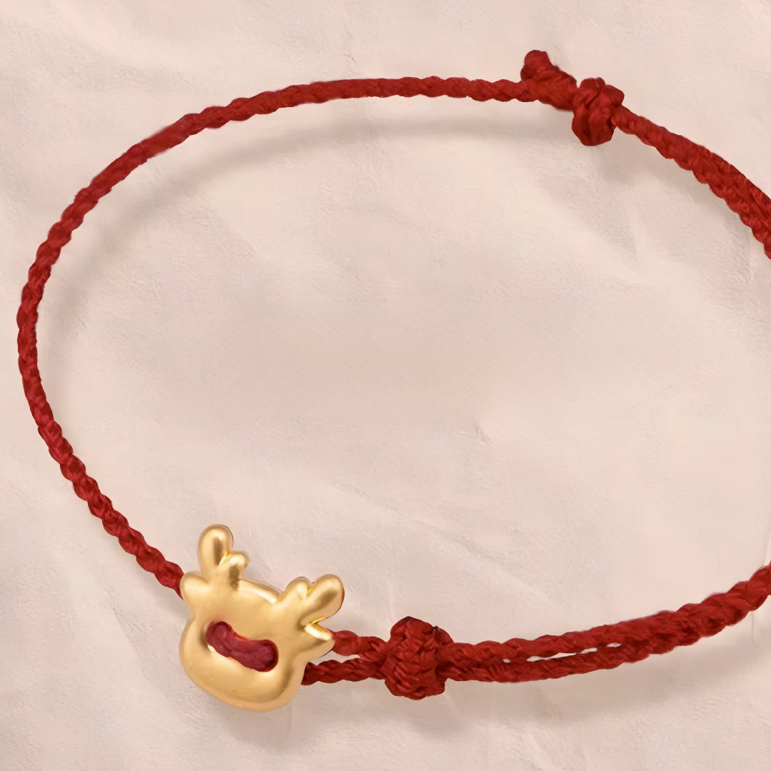 24k Pure 999 Gold Star Cat Dog Deer Apple Charm with Red Rope Bracelet