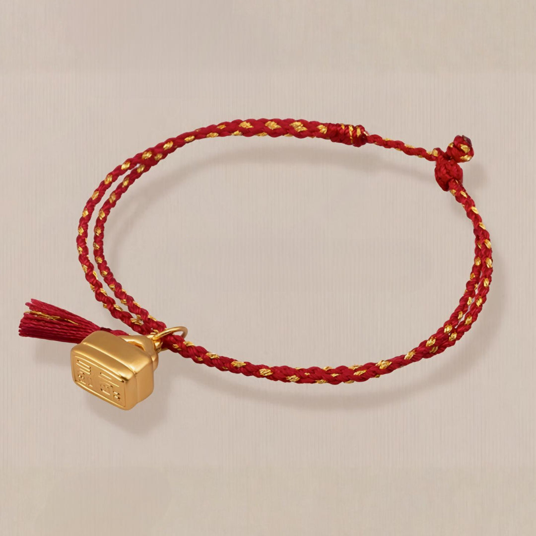 24k Pure 999 Gold Lucky Charm With Chinese"Cherish blessings" Red Rope Bracelet
