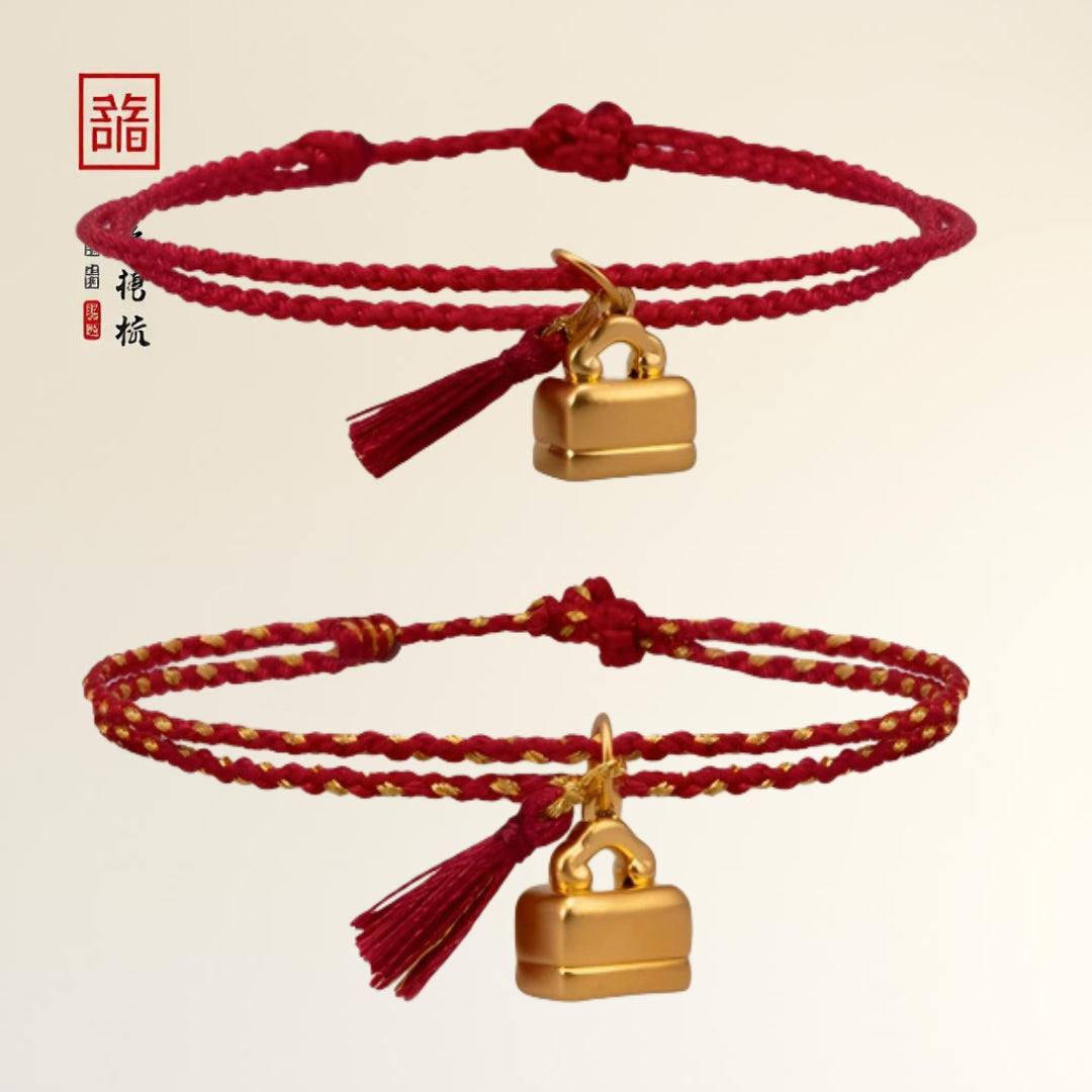 24k Pure 999 Gold Lucky Charm With Chinese"Cherish blessings" Red Rope Bracelet