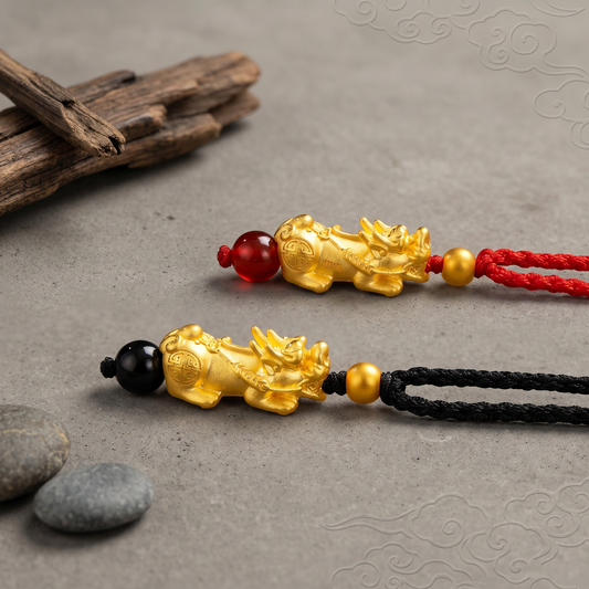 24K 999 Gold Pixiu Charm Beads with Braided String Necklace