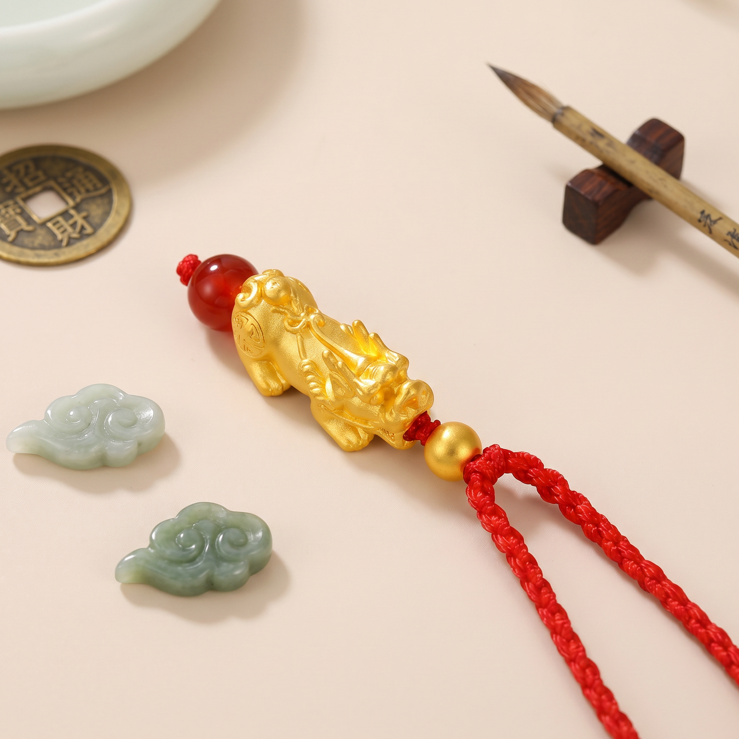 24K 999 Gold Pixiu Charm Beads with Braided String Necklace