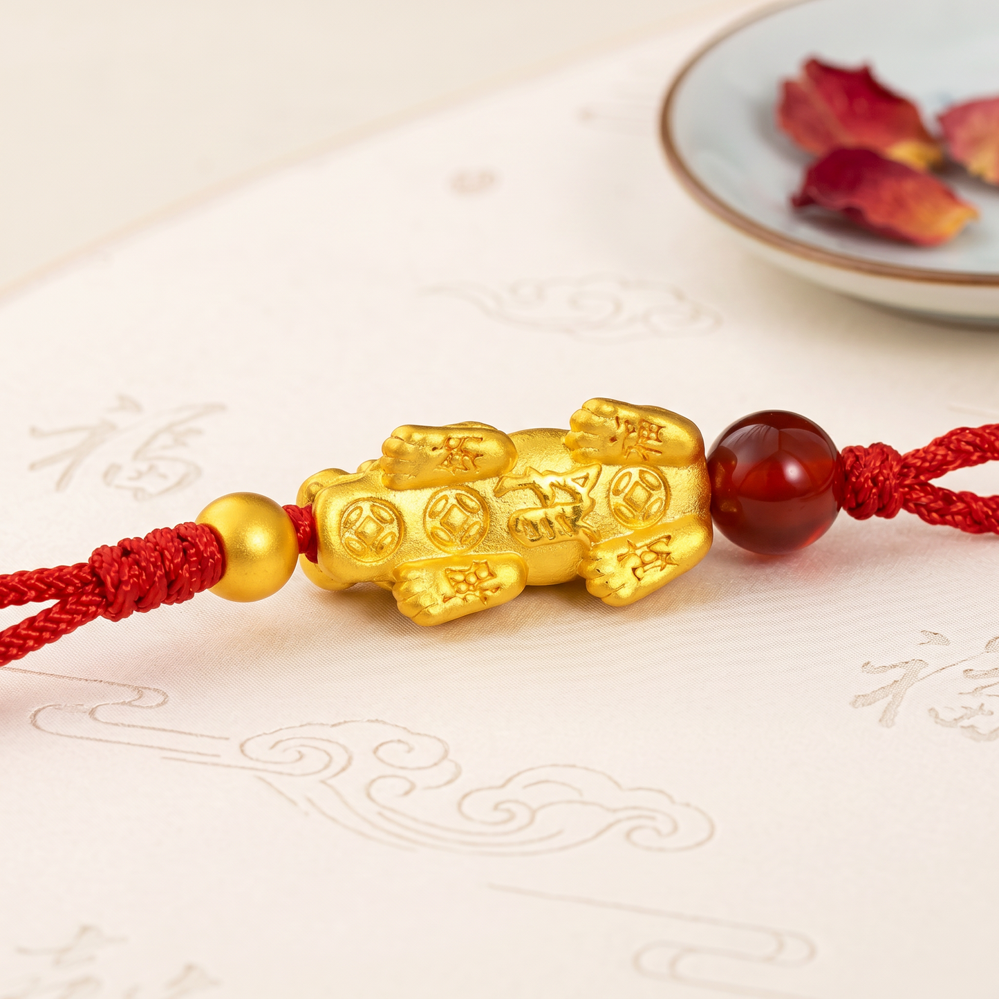 24K 999 Gold Pixiu Charm Beads with Braided String Necklace