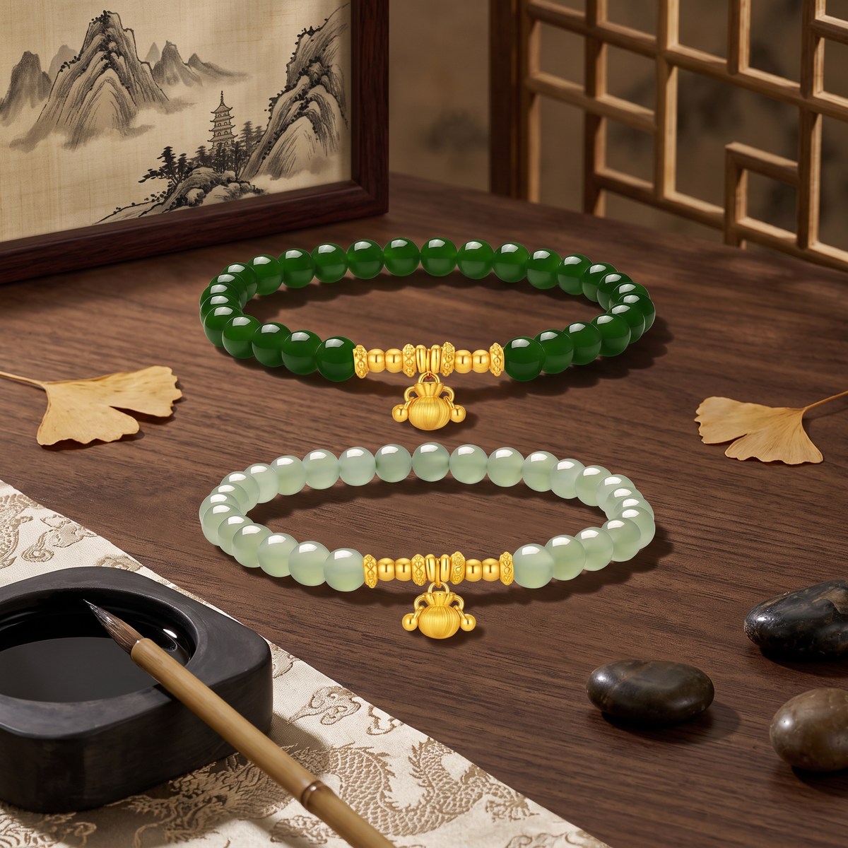 24k Gold Gourd Beads Lock Charm Jade Bracelet D.I.Y Making Kit