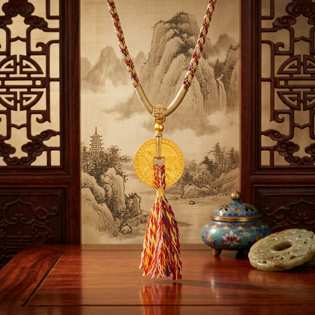 24K Gold Horse Coin Tassel Braided Tibetan Style Feng Shui Necklace