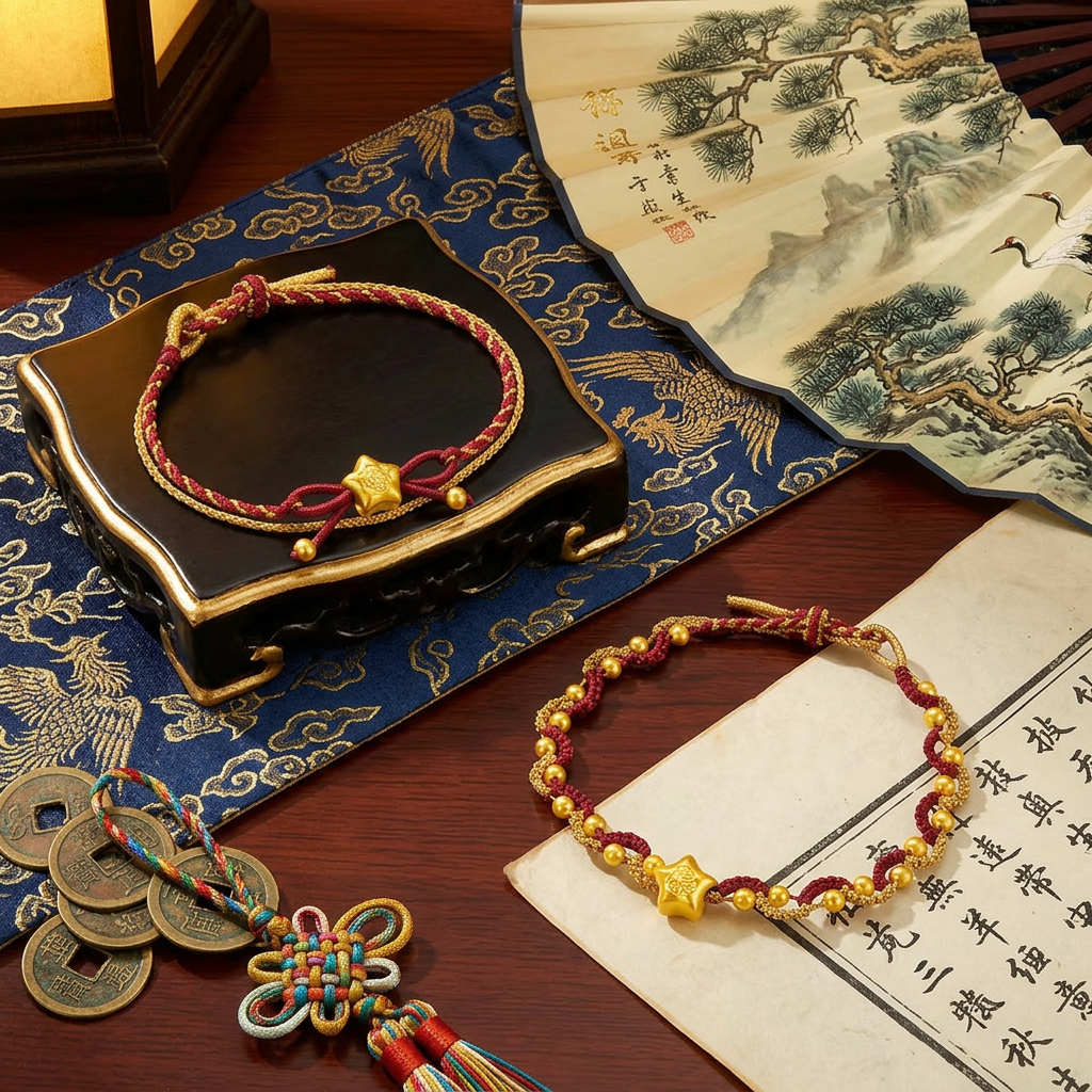 24k Gold Lucky Star Chinese Blessing Charm Handwoven Red Cord Adjustable Bracelet