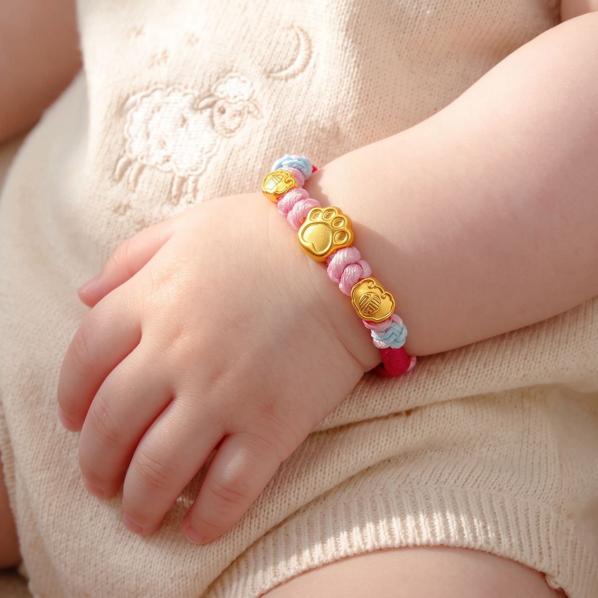 24K 999 Gold Cat Dog Paw Charm Adjustable Woven Bracelet Babyshower Kid Birthday Gift