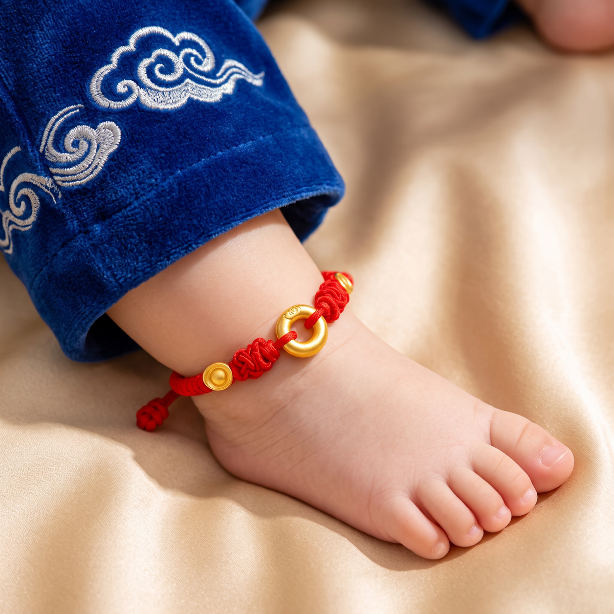 24K 999 Gold Peace and Safety Buckle Charm Adjustable Woven Anklet Baby Shower Kid Birthday Gift