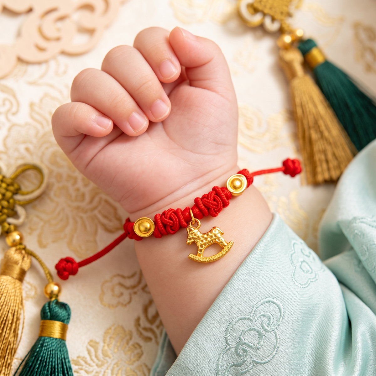 24K 999 Gold Little Horse Zodiac Ingot Charm Adjustable Woven Bracelet Babyshower Kid Birthday Gift