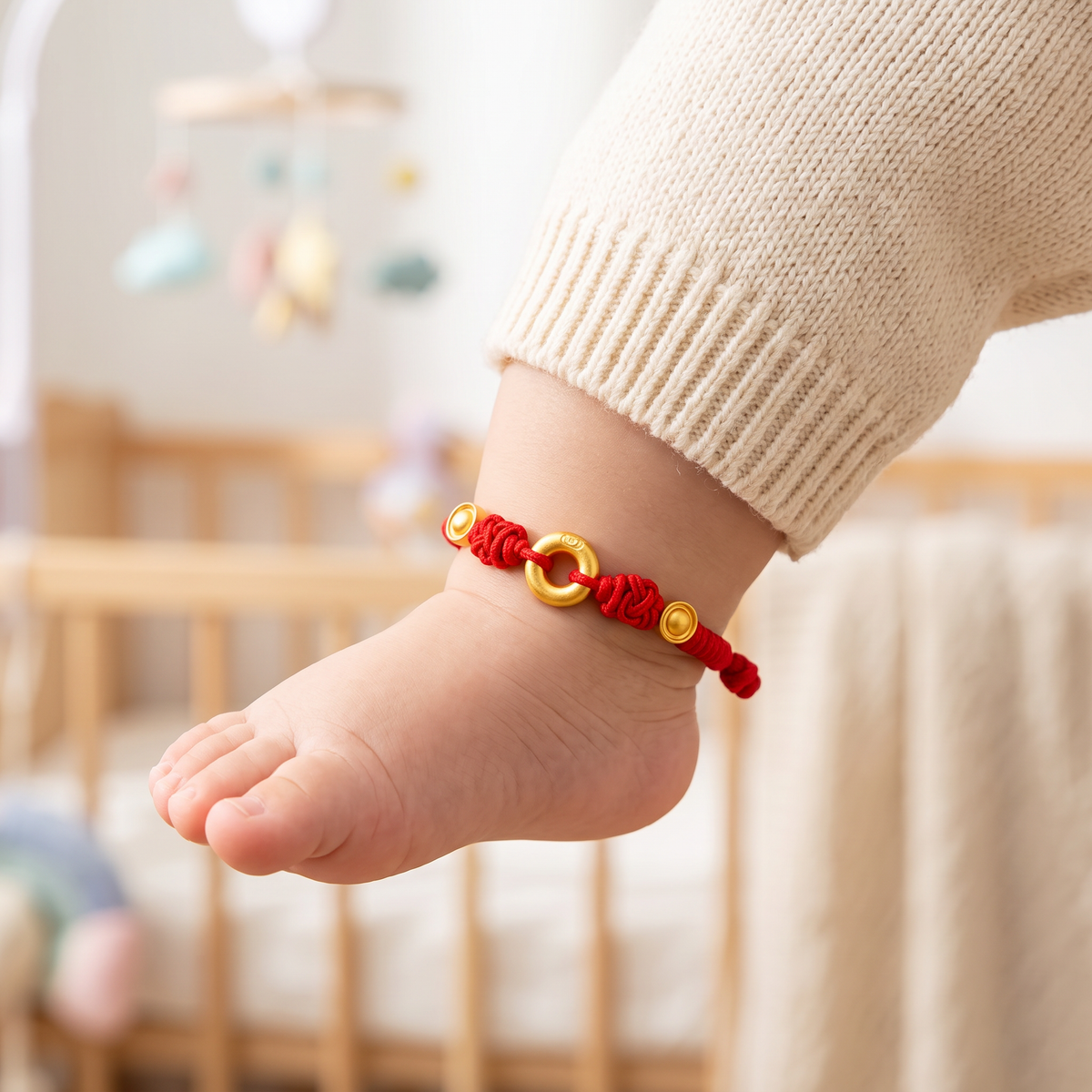 24K 999 Gold Peace and Safety Buckle Charm Adjustable Woven Anklet Baby Shower Kid Birthday Gift