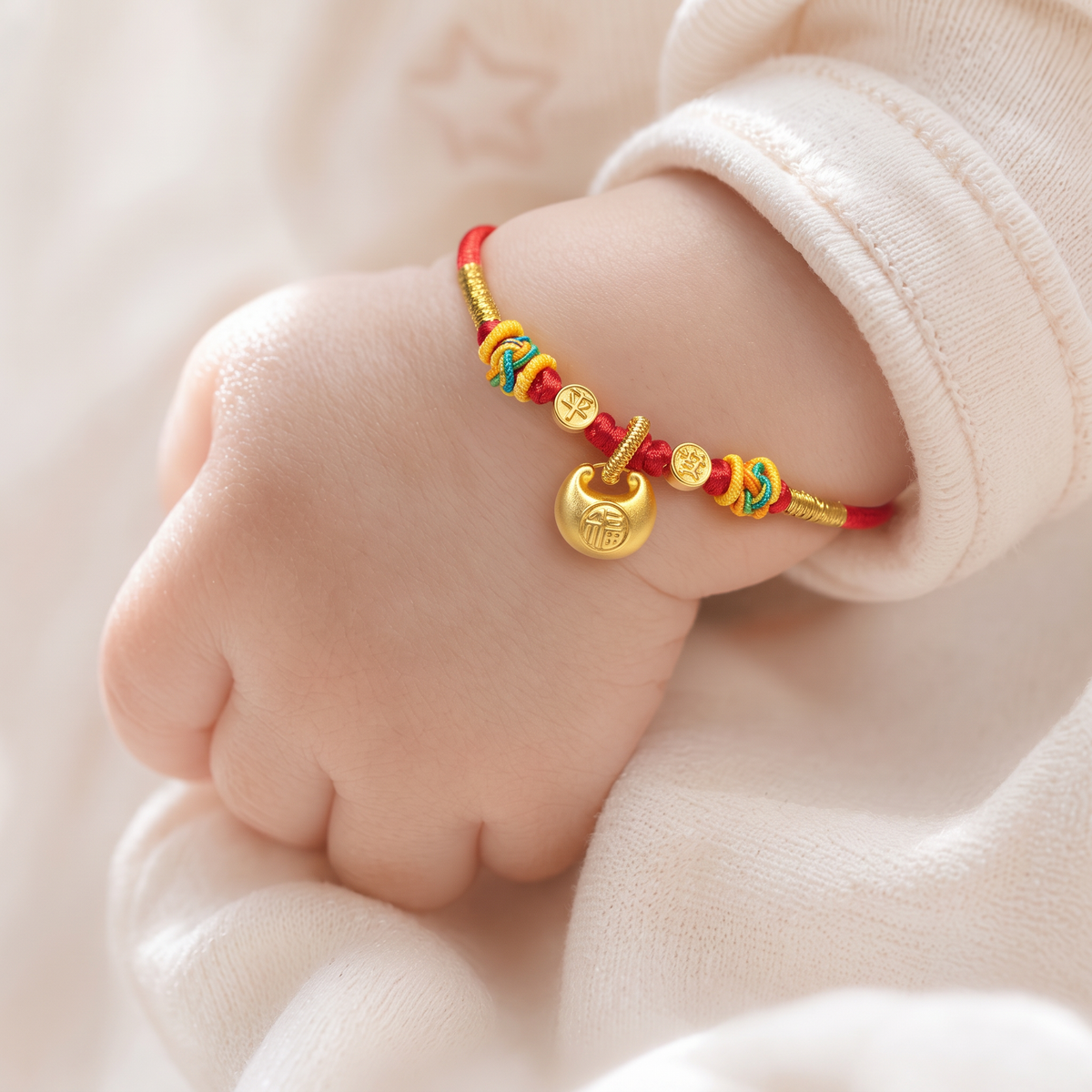 24K 999 Gold Peace and Happiness Lock Charm Adjustable Woven Bracelet Babyshower Kid Birthday Gift
