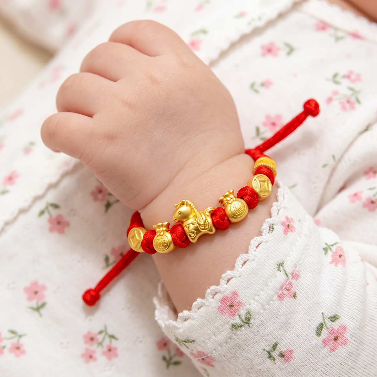 24K 999 Gold Little Horse Zodiac Coin Charm Adjustable Woven Bracelet Babyshower Kid Birthday Gift