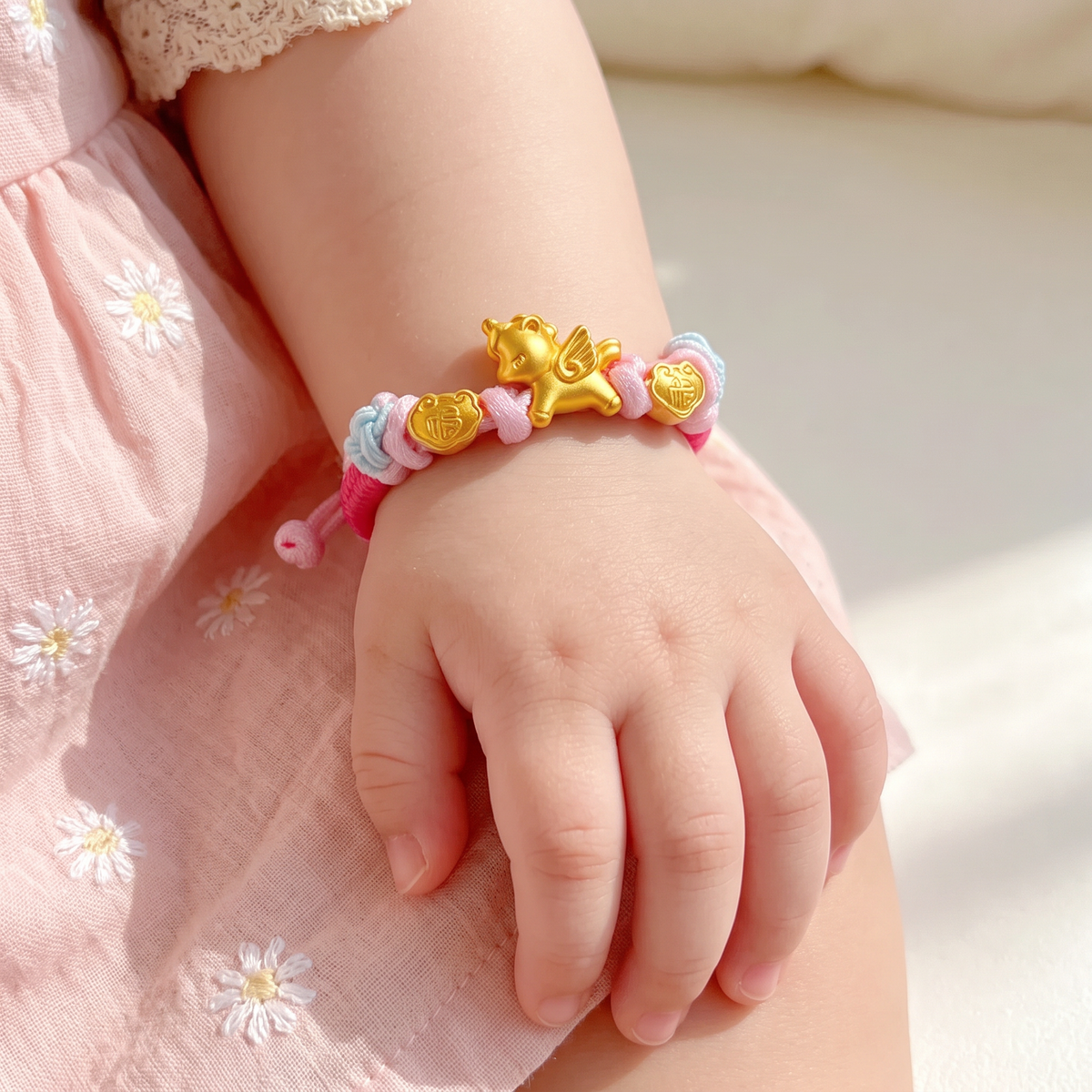 24K 999 Gold Little Wing Horse Zodiac Charm Adjustable Woven Bracelet Babyshower Kid Birthday Gift