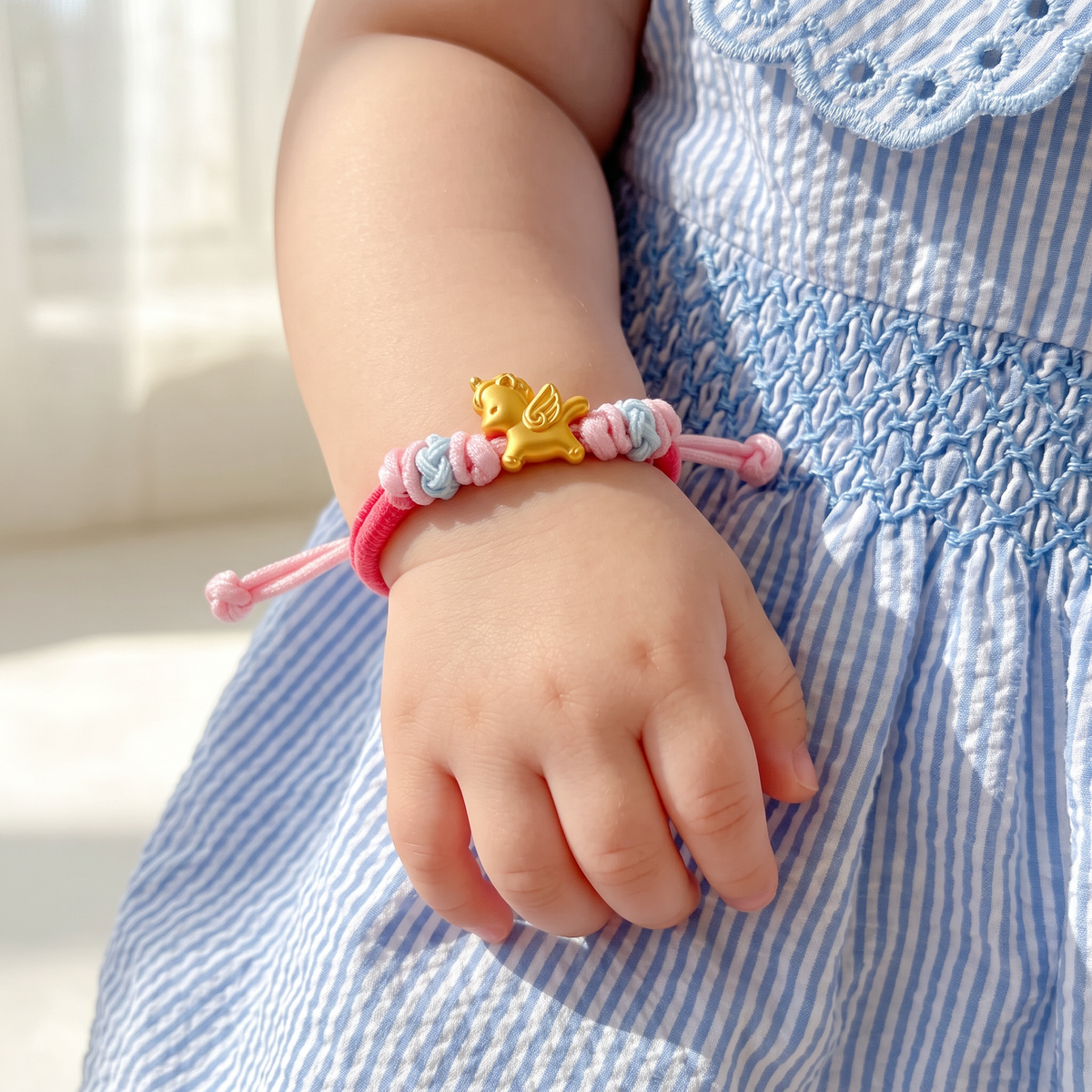 24K 999 Gold Little Wing Horse Zodiac Charm Adjustable Woven Bracelet Babyshower Kid Birthday Gift