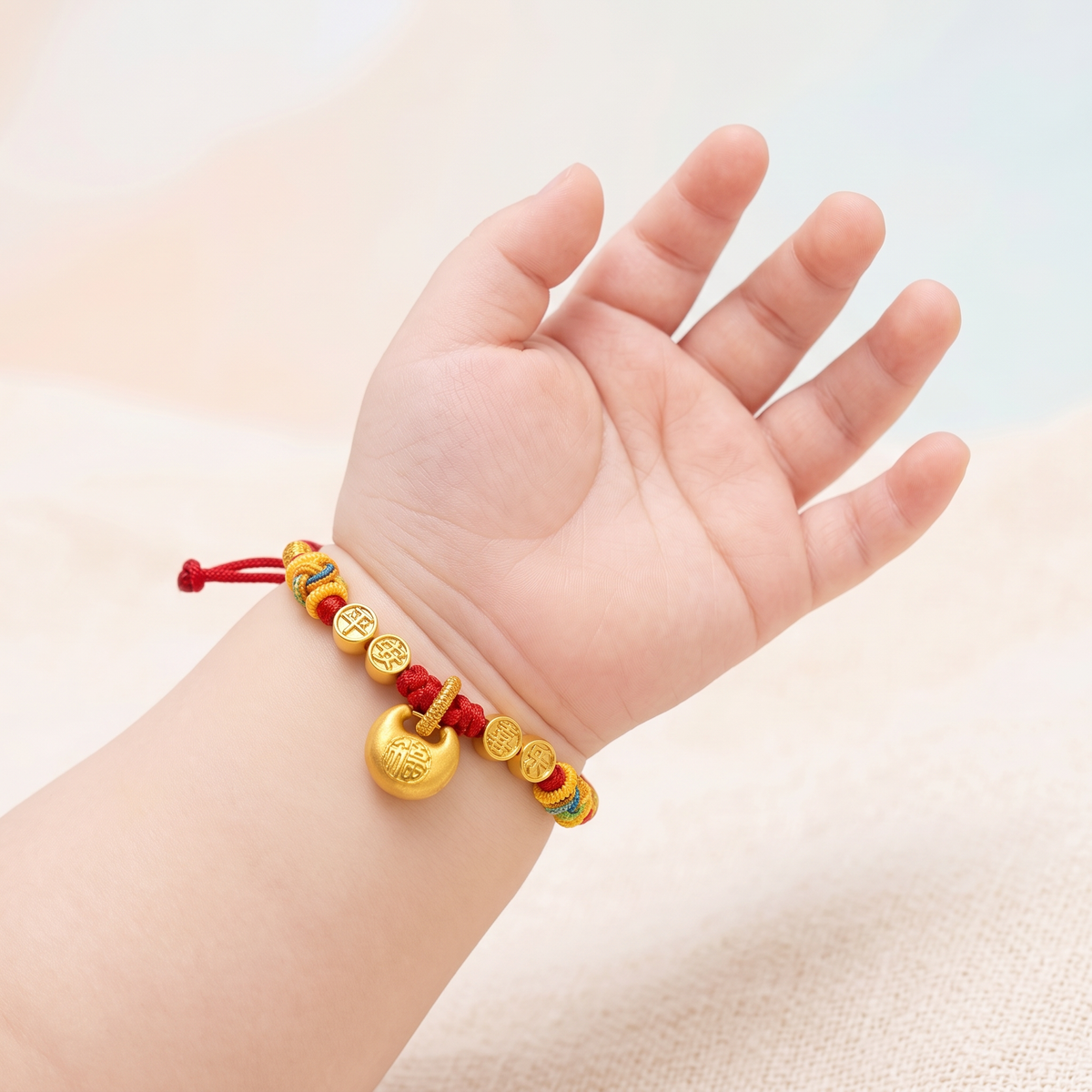24K 999 Gold Peace and Happiness Lock Charm Adjustable Woven Bracelet Babyshower Kid Birthday Gift