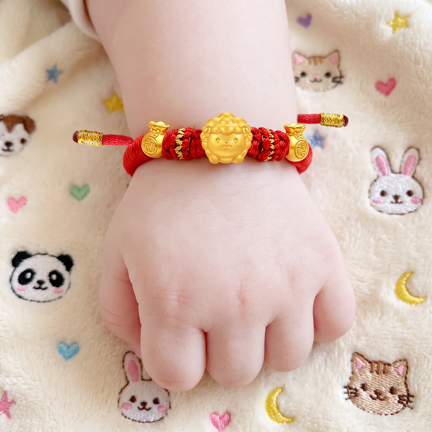 24K 999 Gold Charm Chinese 2027 Year of Goat Rope Adjustable Bracelet Babyshower