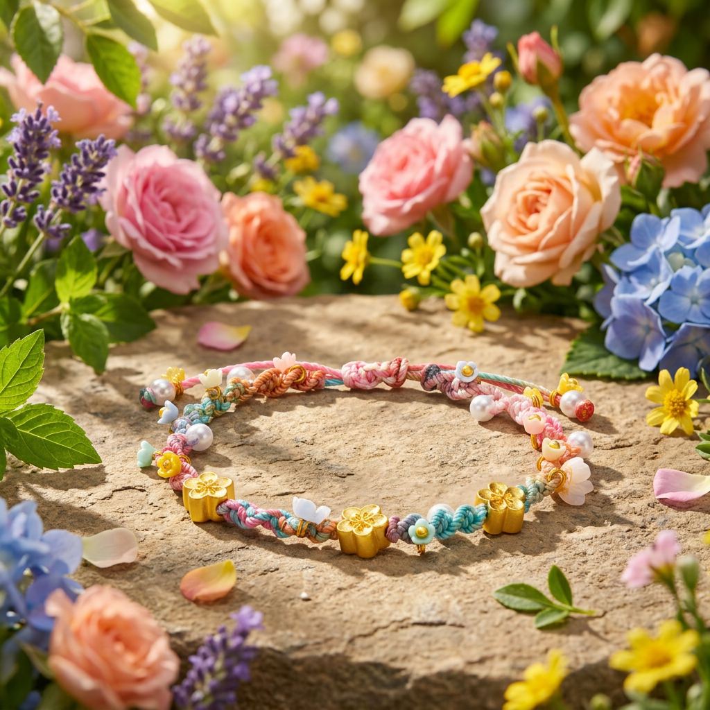 24K 999 5D Hard Gold Floral Flower Cherry Blossom Summer Garden Weaving Bracelet
