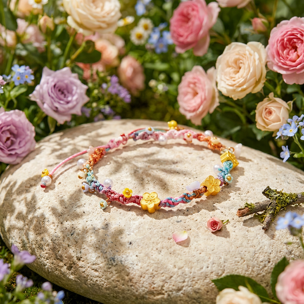 24K 999 5D Hard Gold Floral Flower Cherry Blossom Summer Garden Weaving Bracelet