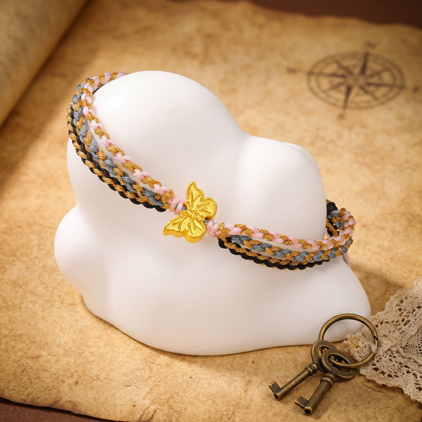 24K 999 Gold Enamel Butterfly String Cord Adjustable Bracelet
