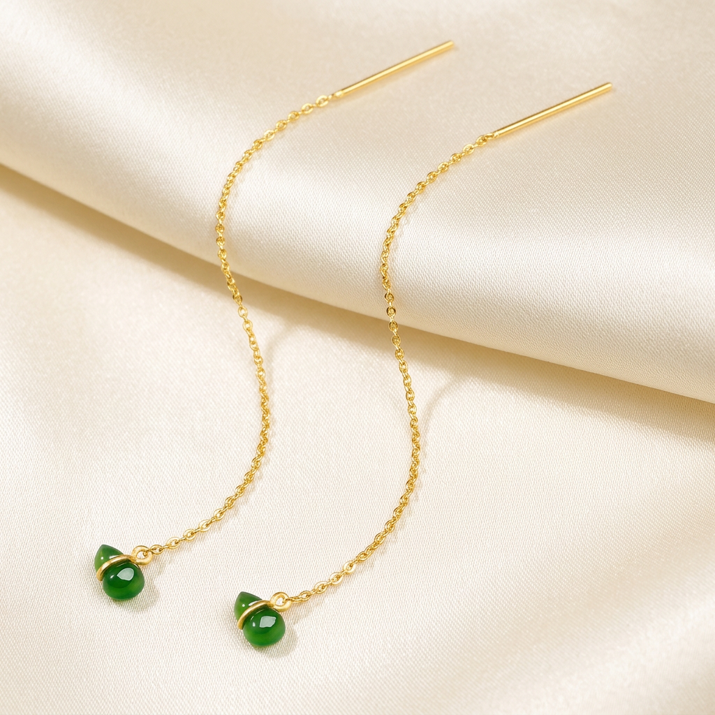 24K Gold Threader Dangle Minimalist Jade Gourd Earrings