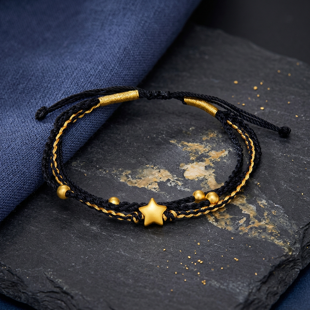 24K 999 5D Hard Gold Mini Star Beads Charm Weaving Double Bracelet