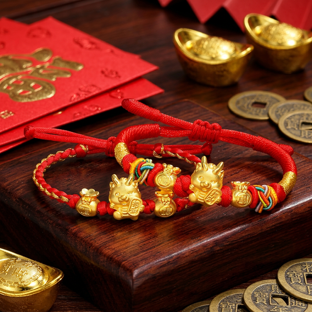 24K Gold Chinese Zodiac Year of the Dragon Charm Weaving Bracelet Kid Size