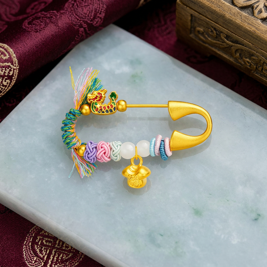 24k 999 Gold Chinese Blessing Pin Dragon Boat Brooch Baby Babyshower Gift