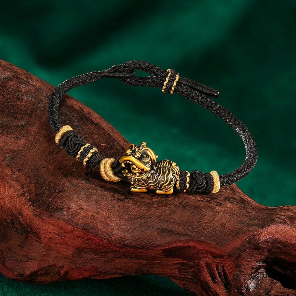 24K 999 Gold Lion Dance Charm Braided Trendy Feng Shui Wealth Protection Bracelet