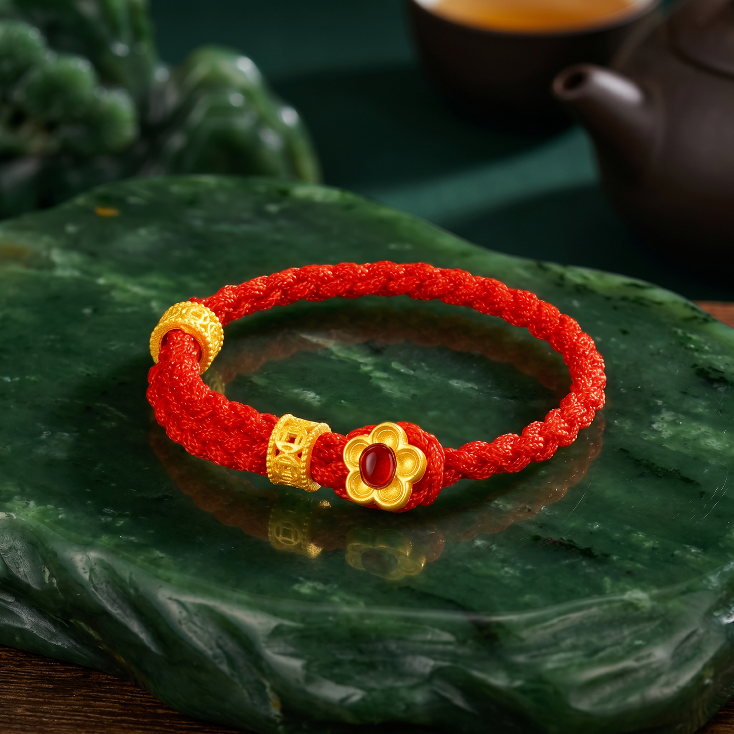 24K 999 Gold Flower Adjustable Red String Ring