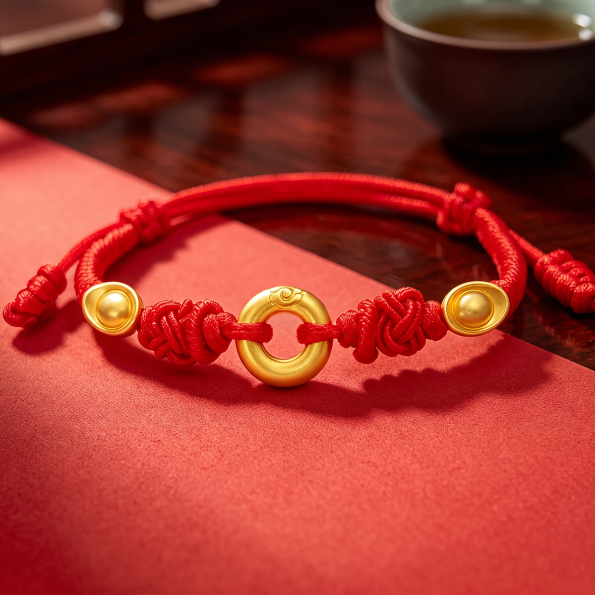 24K 999 Gold Peace and Safety Buckle Charm Adjustable Woven Anklet Baby Shower Kid Birthday Gift