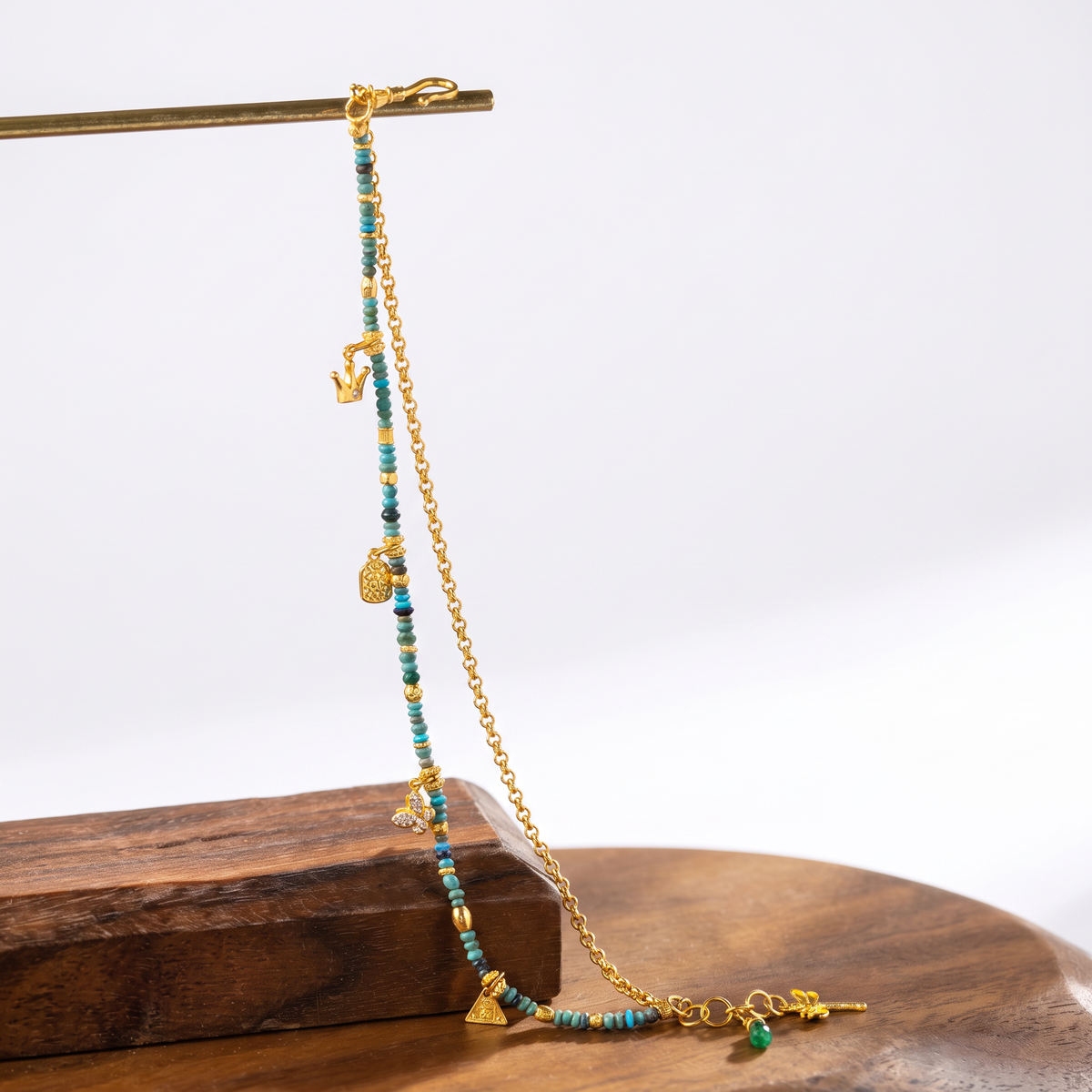 24k 999 Gold Double Layer Glass Bead Mini Crown Charm Good Fortnue Dangling Accents Bracelet