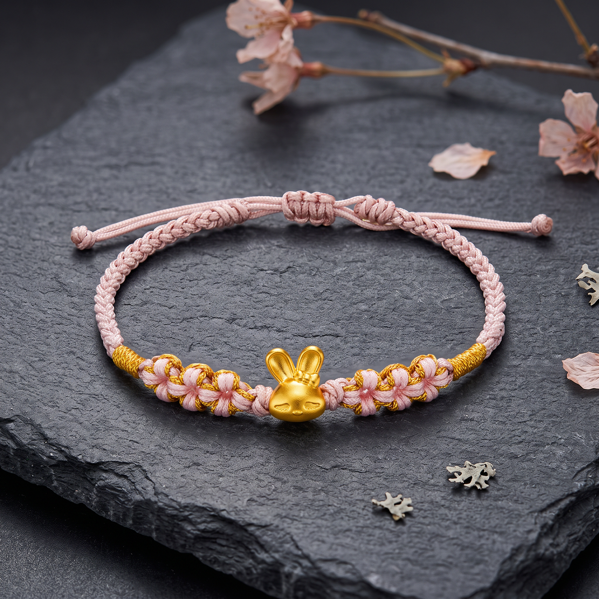 24K 999 5D Hard Gold Cute Bunny Charm Cord String Bracelet