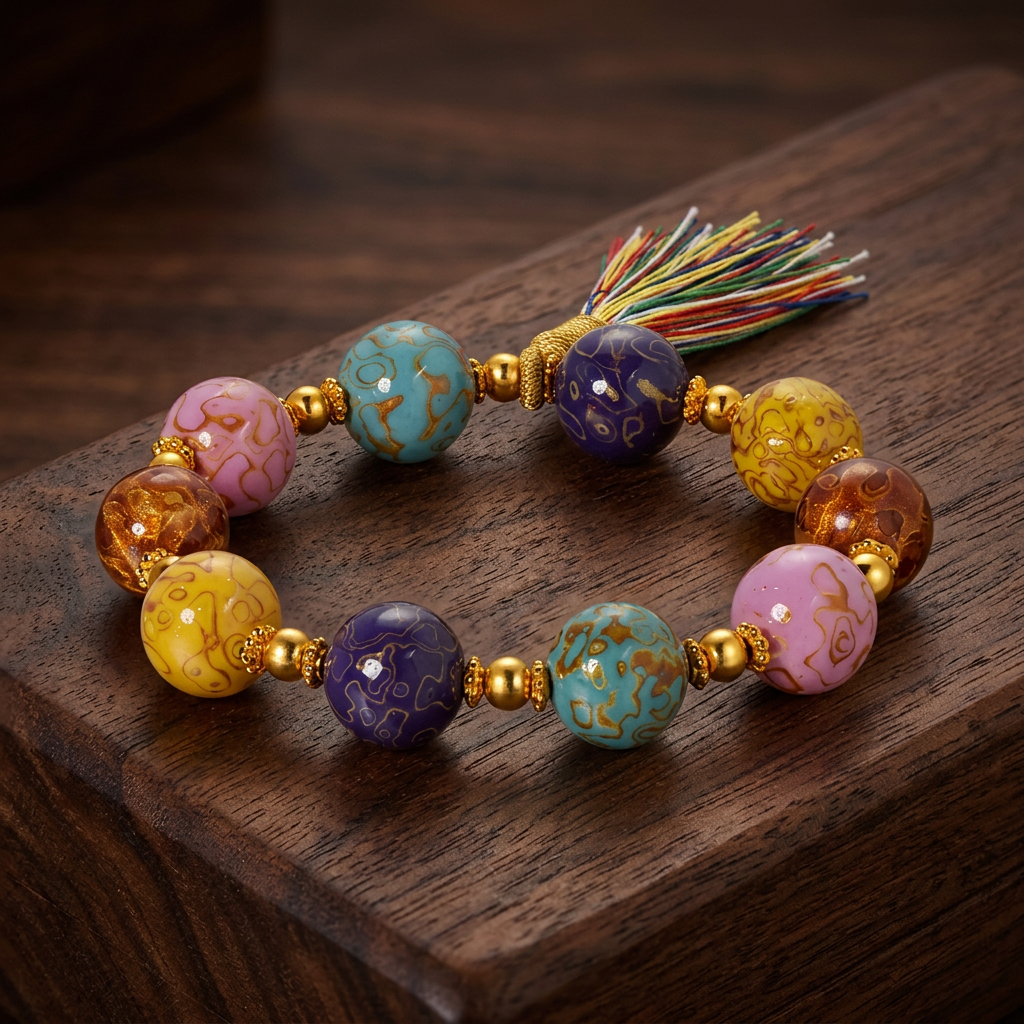 24k Gold Multicolor Enamel Agate Tassel Beads Bracelet