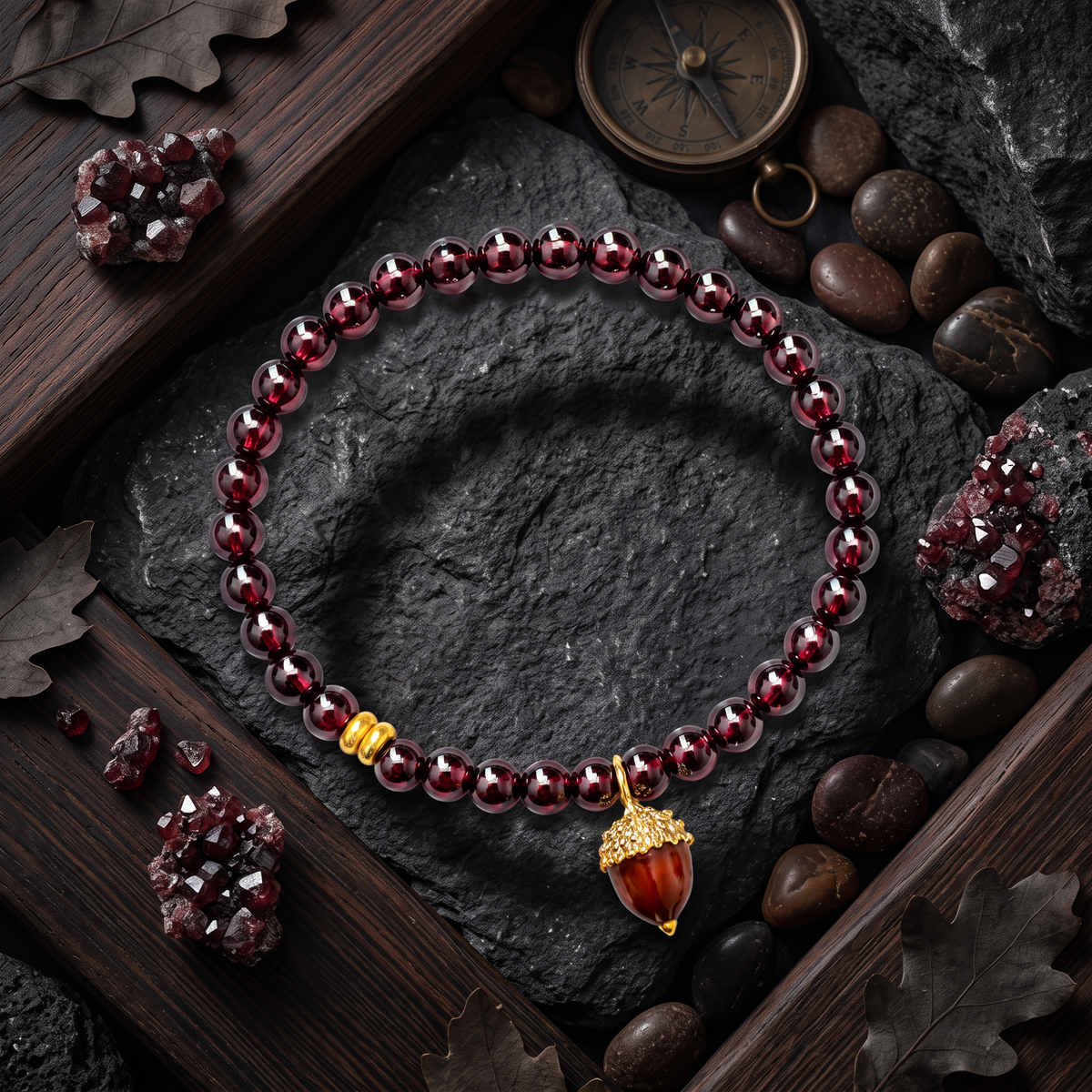 24K 999 Gold Flat Bead with Acorn Charm Fortune Lucky Garnet Beads Bracelet
