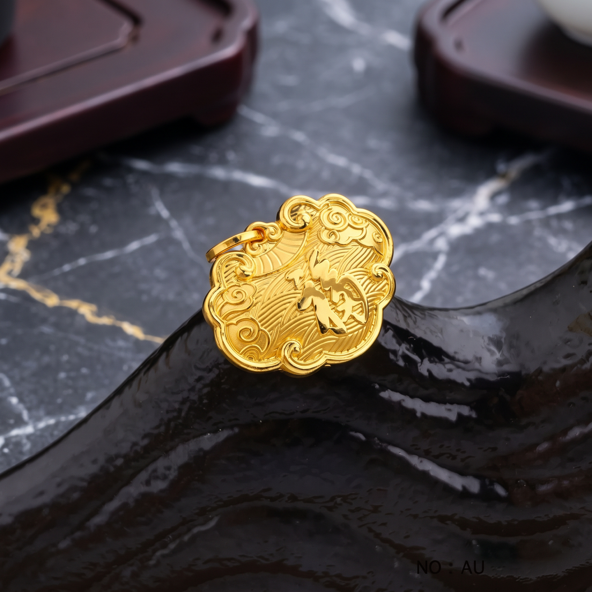 24K 999 Fine Gold Double Side Embossed Chinese Good Fortune Fu Lock Pouch Pendant D.I.Y Charm