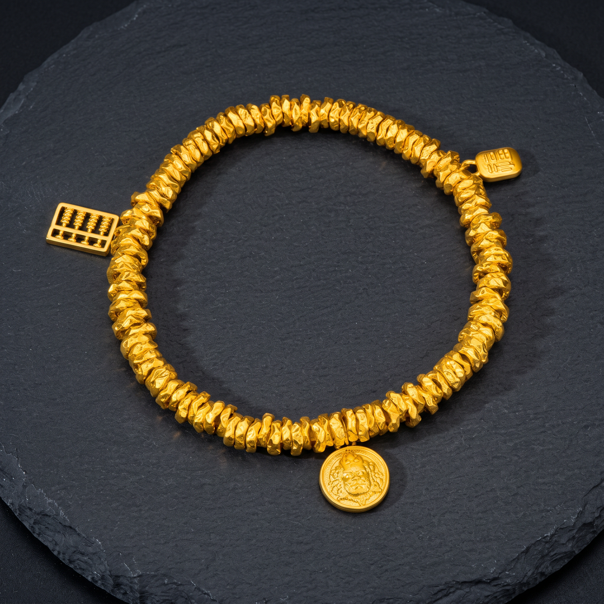 24K 999 Gold God of Wealth Abacus and Fortune Charms Auspicious Bracelet
