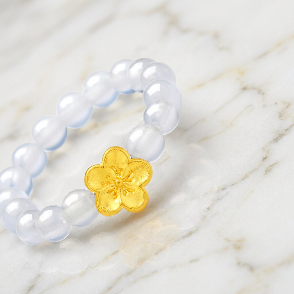 24K 999 5D Hard Gold Mini Cherry Blossom Charm White Agate Ring