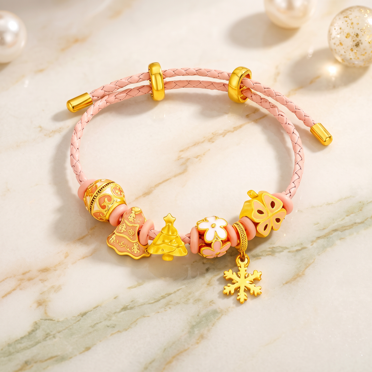24k 999 Christmas Holiday Tree Snowflake Charm Cord Adjustable Bracelet