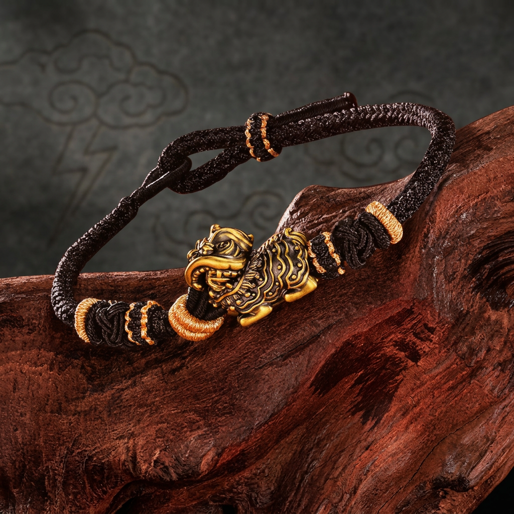 24K 999 Gold Lion Dance Charm Braided Trendy Feng Shui Wealth Protection Bracelet