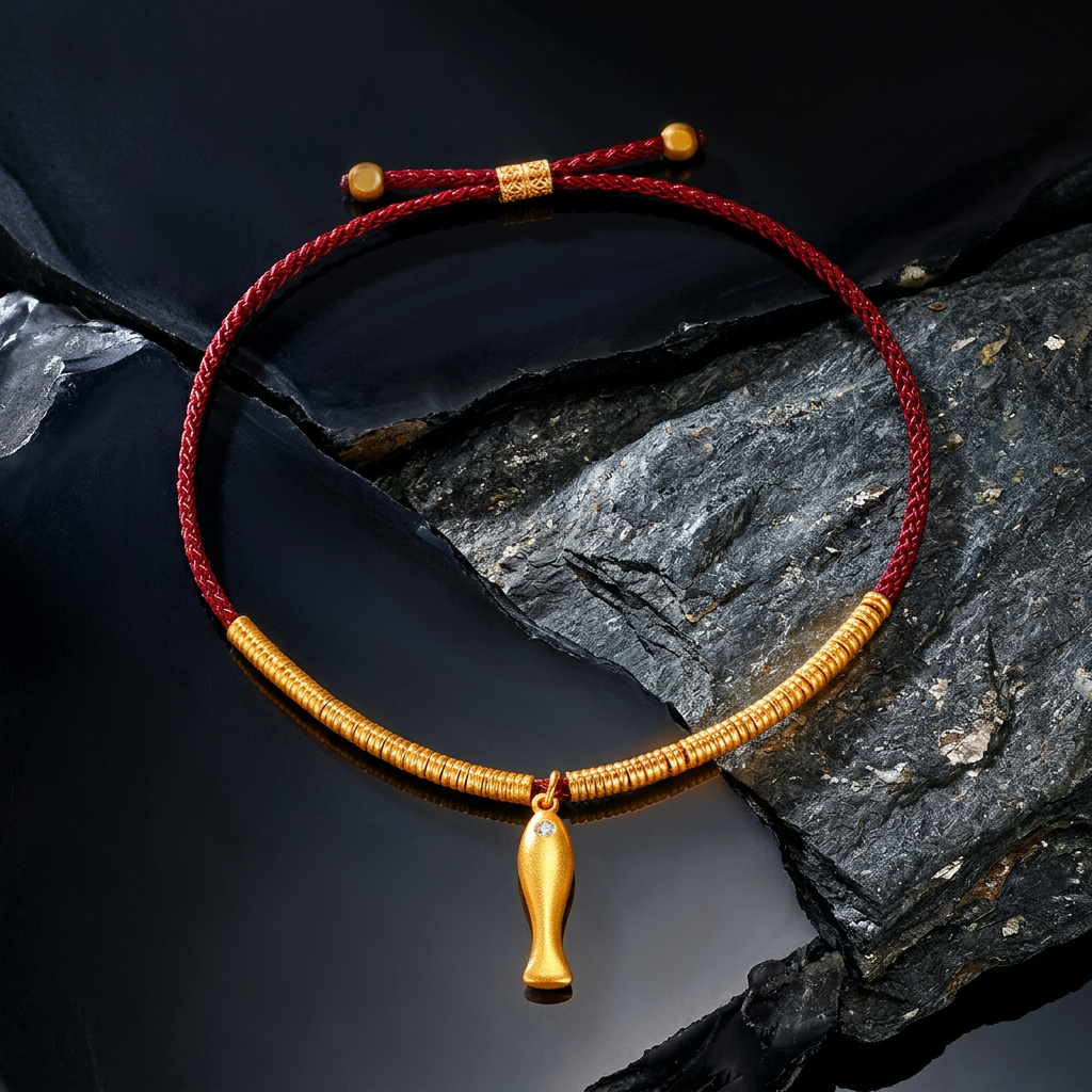 24K 999 Gold Lucky Fish Charms Braided Cord Adjustable Bracelet