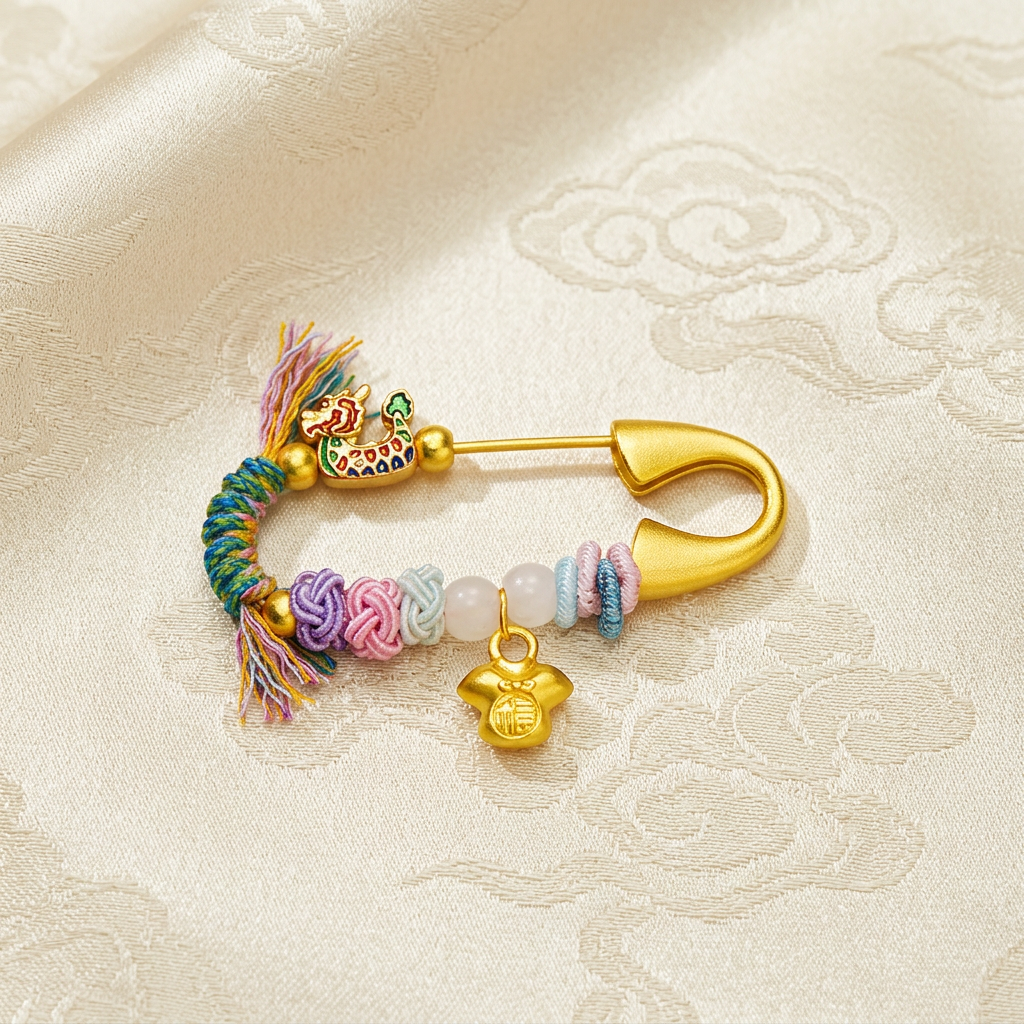 24k 999 Gold Chinese Blessing Pin Dragon Boat Brooch Baby Babyshower Gift