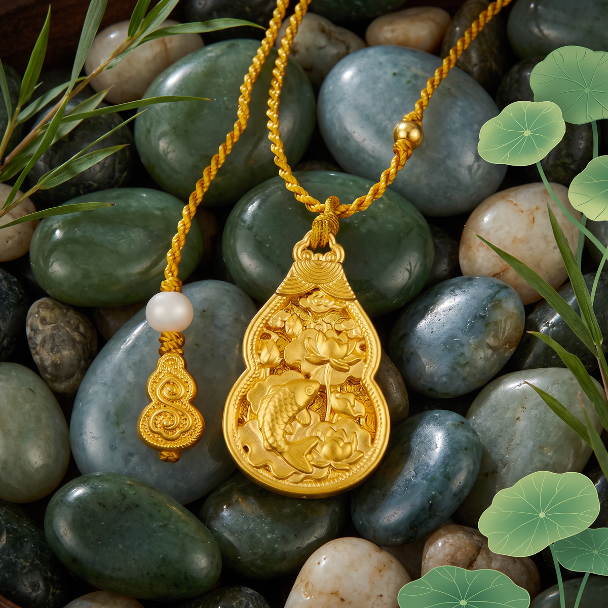 24k 999 Gold Fortune Lotus and Koi Detailed Lucky Gourd Pendant