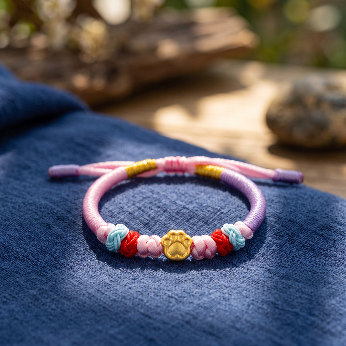 24K 999 Gold Cat Dog Paw Charm Adjustable Woven Bracelet Babyshower Kid Birthday Gift
