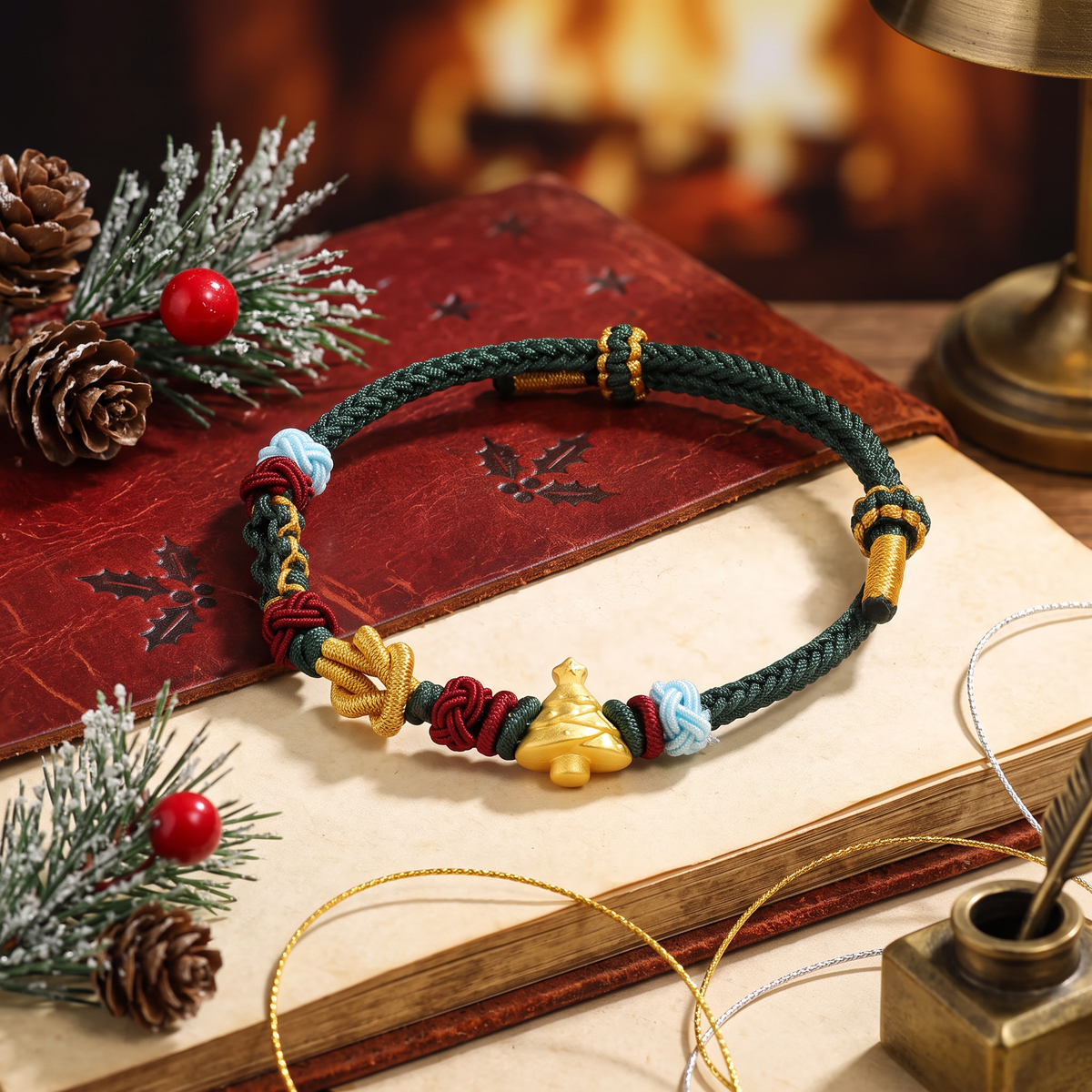 24k 999 Gold Christmas Tree Charm Woven Bracelet Holiday Gift