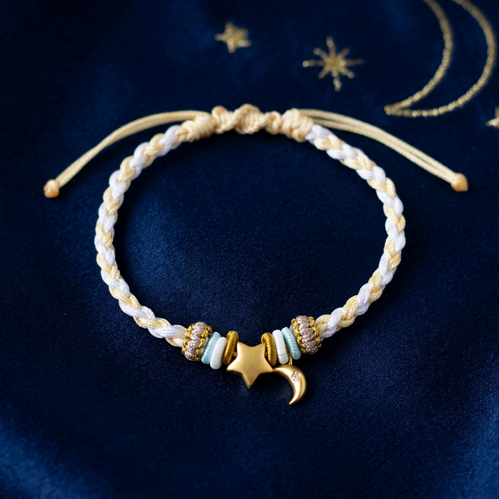 24K 999 Gold Moon and Star Charm Weaving Bracelet