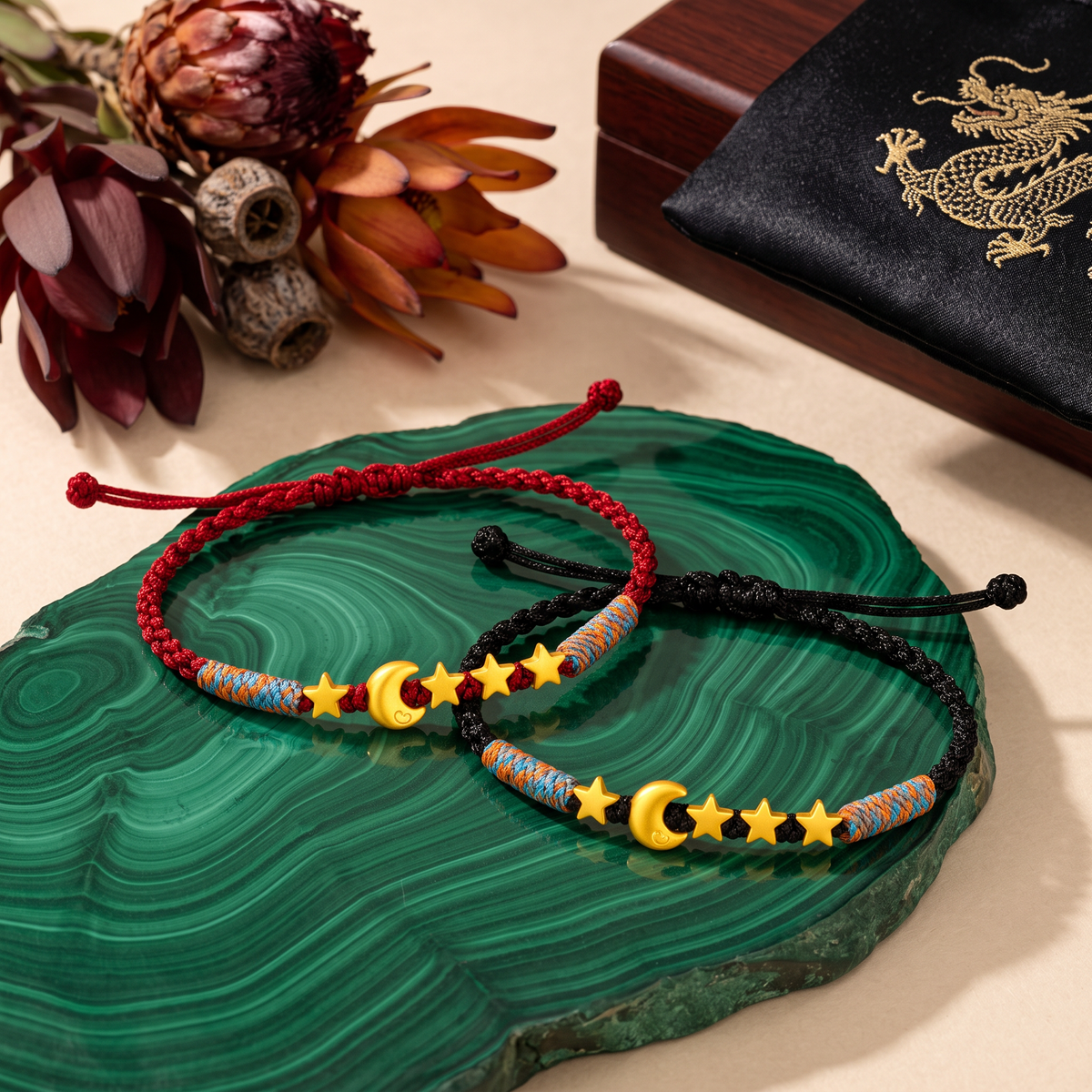 24k 999 Gold Moon and Star Charm Cord Adjustable Bracelet